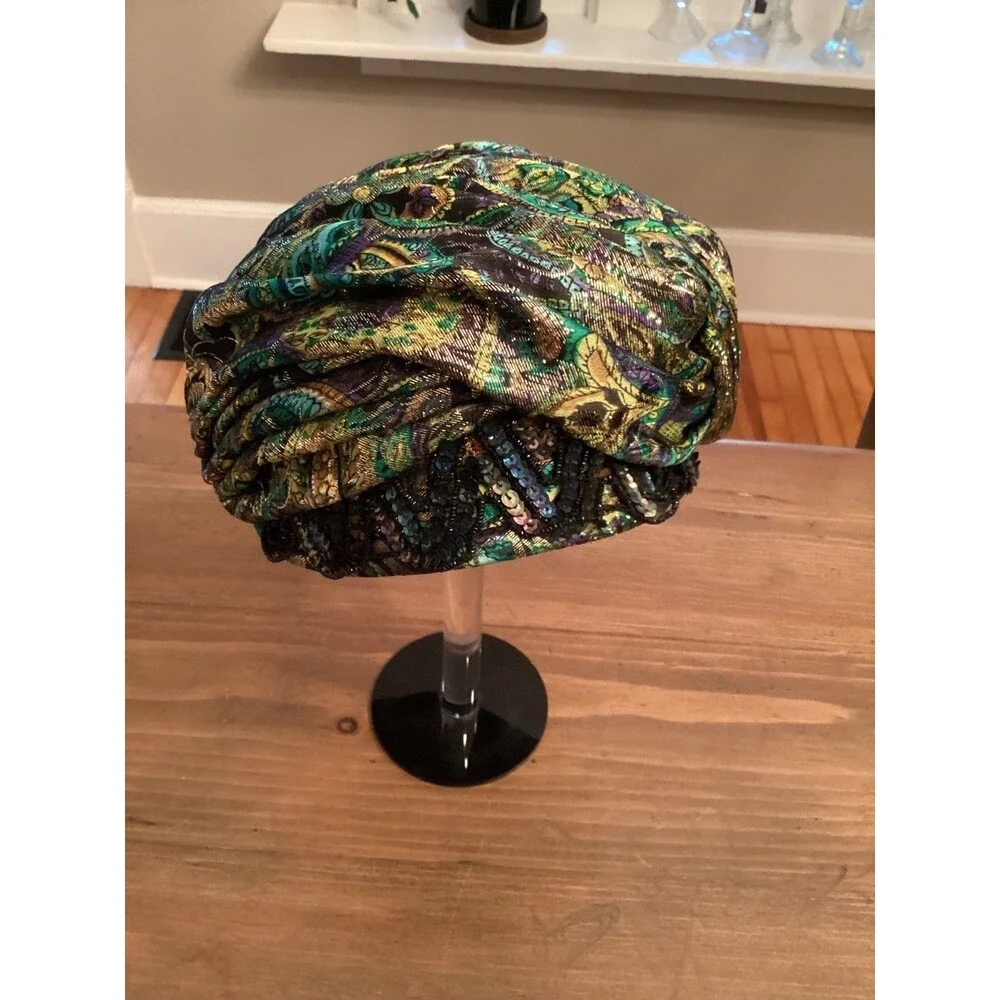 CHRISTIAN DIOR CHAPEAUX 1960s METALLIC PLEATED TURBAN HAT